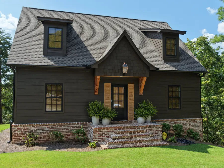 Aerial front view of a custom lake house built by Still Oak Homes in Alabama