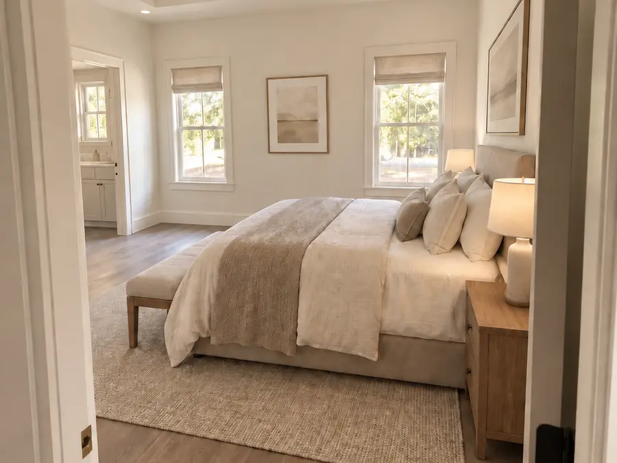Primary bedroom with tray ceiling in a Still Oak custom home