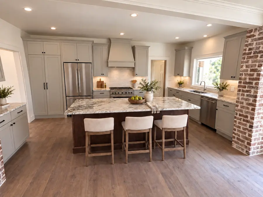 Kitchen island with seating and brick accent wall in a Still Oak custom home