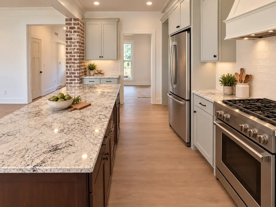 Open kitchen with marble island and brick accents in a Still Oak custom home