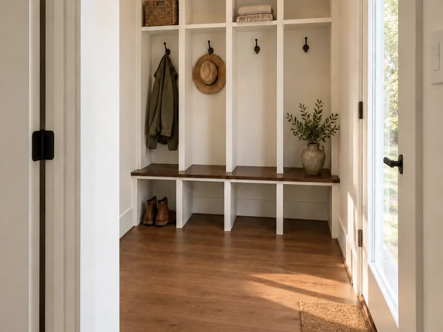 Custom mudroom with built-in lockers and bench by Still Oak Homes